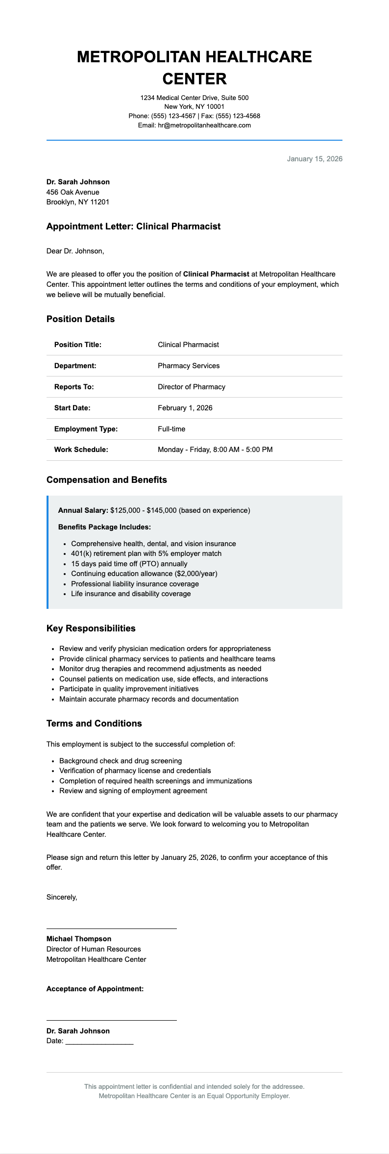 Legal plain language pharmacist appointment letter